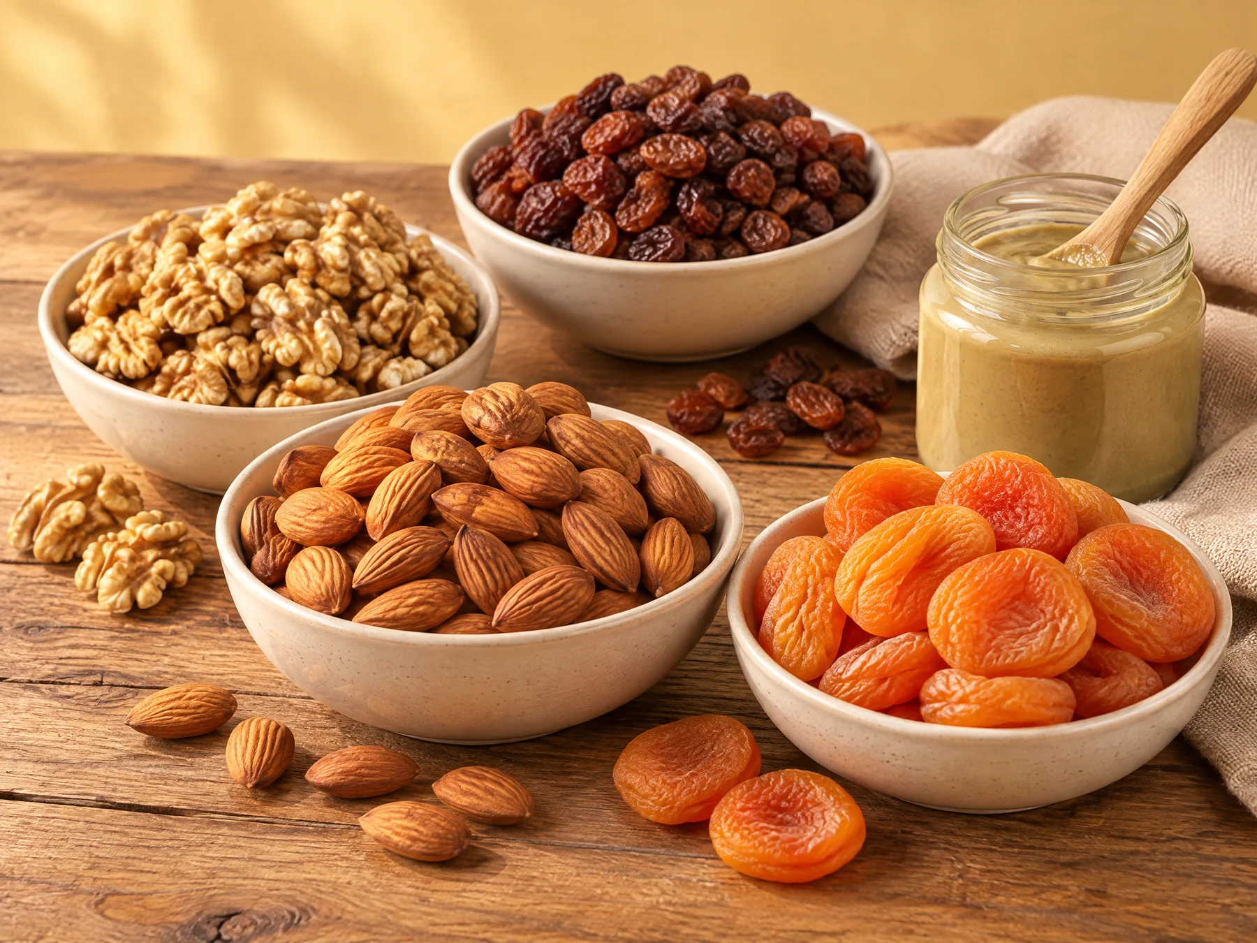 Стол Frutoss: миндаль, курага, грецкий орех и изюм в мисках, урбеч с ложкой