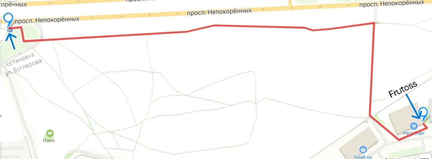 Схема проезда от остановки «ул. Бутлерова» до магазина Frutoss на Калининской овощебазе